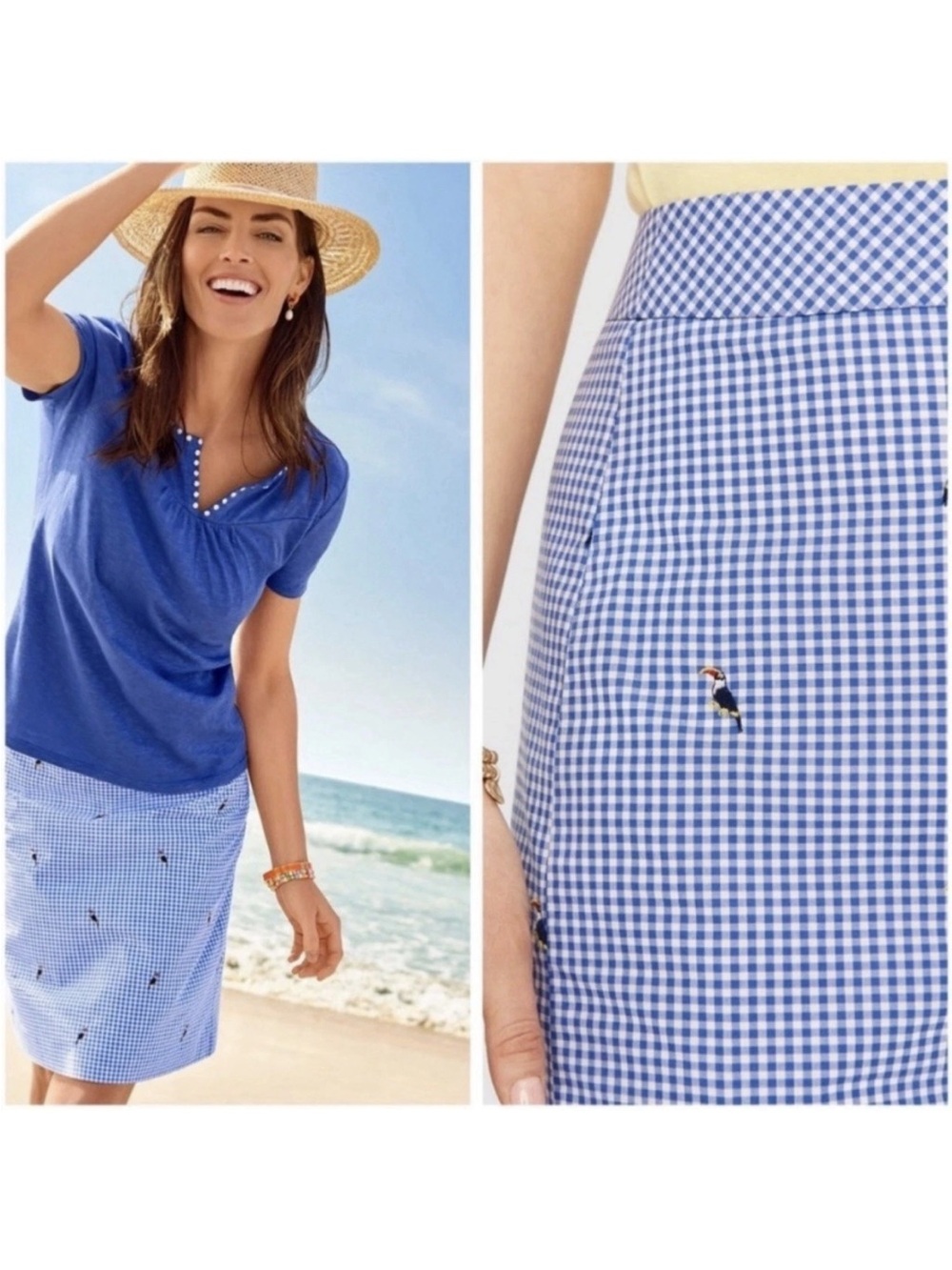 Talbots Petite Classic Gingham Toucan Embroidered Skirt-Blue/White-Size 2P